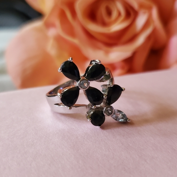 Sterling Silver 925 Blue Topaz Black Sapphire Ring Flower Floral SIZE 7.75 J-475 - Picture 3 of 12